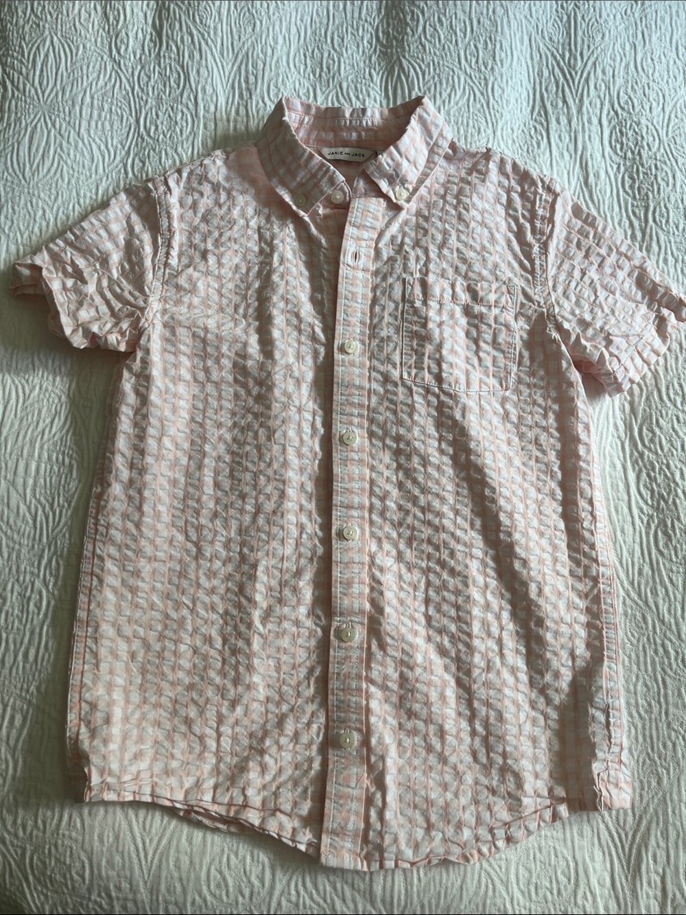 Janie & Jack Pink Gingham Short Sleeve Cotton Button Down Shirt, Size 16